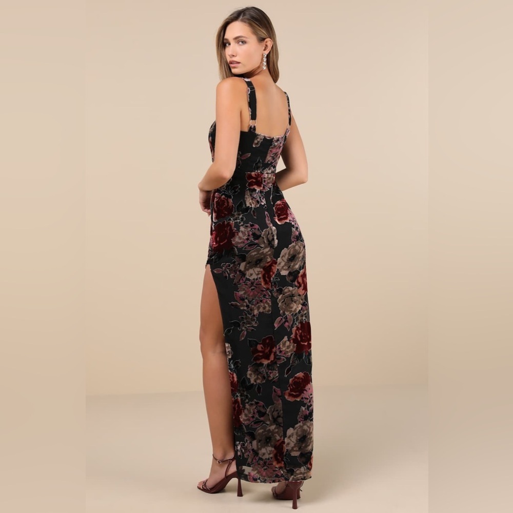 NWT Lulus Blissful Evening Black Floral Velvet Burnout Maxi Dress - Picture 2 of 4